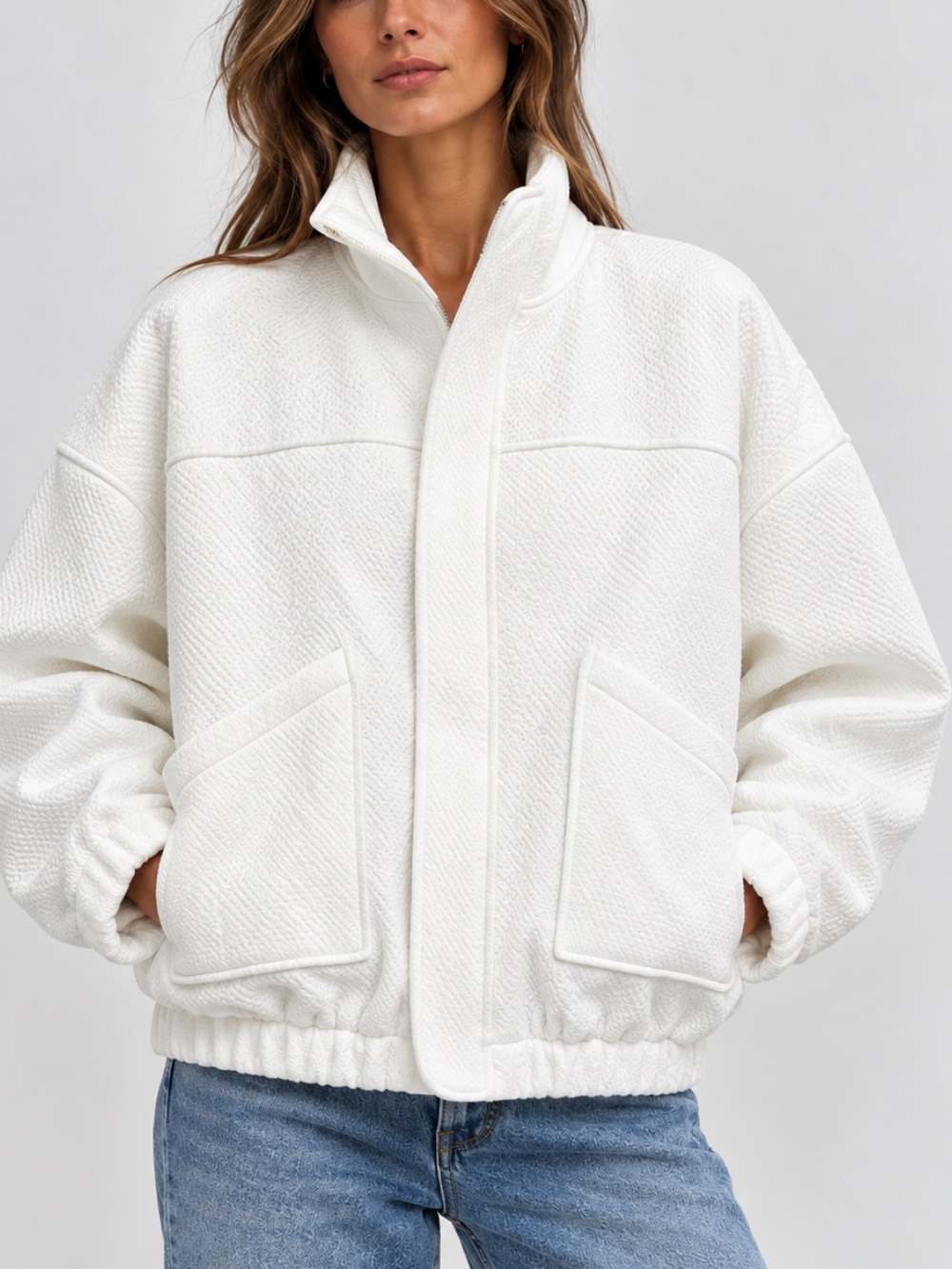 Zara NWT White Textured Oversized Bomber Jacket M-L